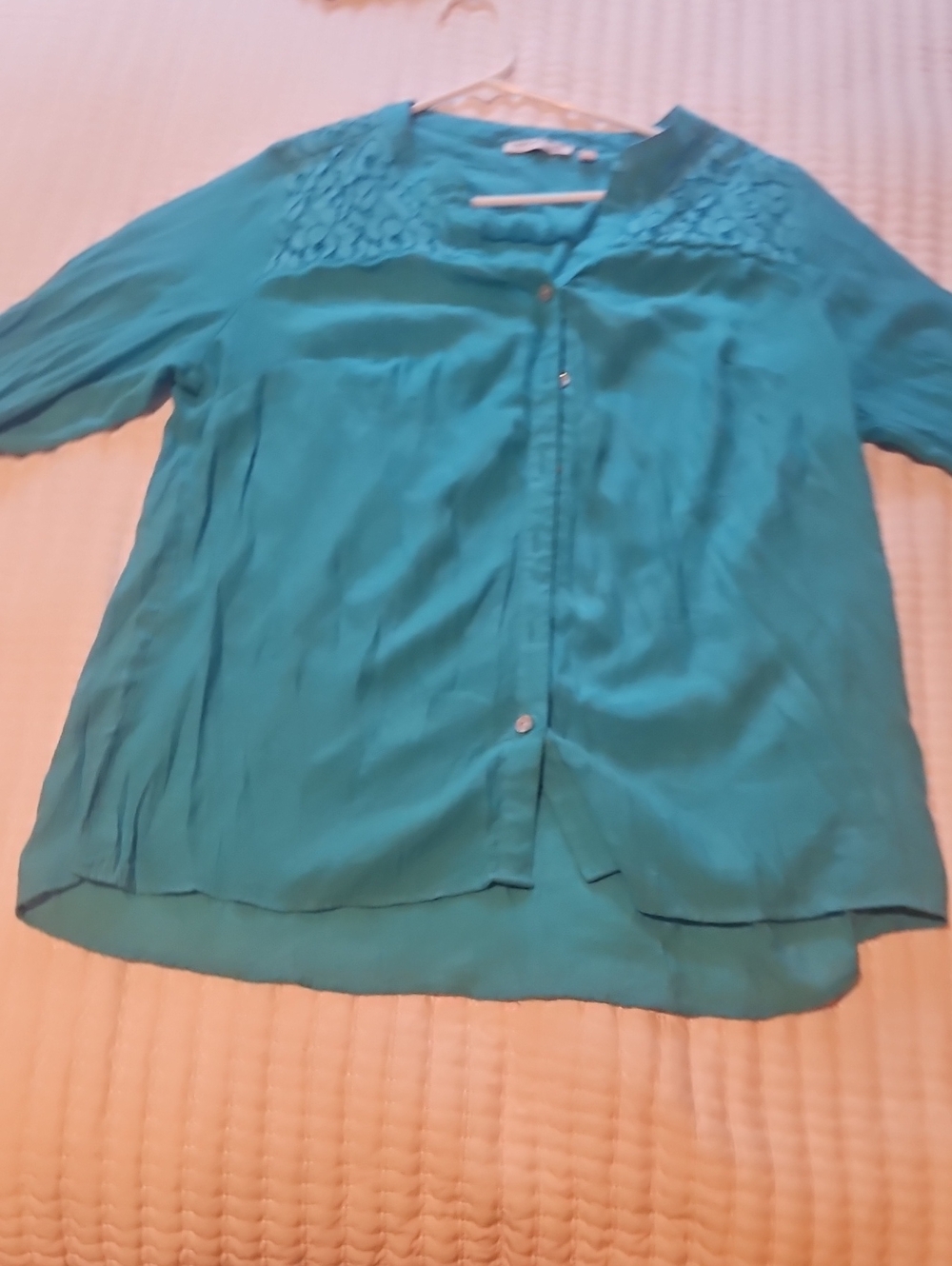 Notations Teal Button-Down Lace Yoke Blouse